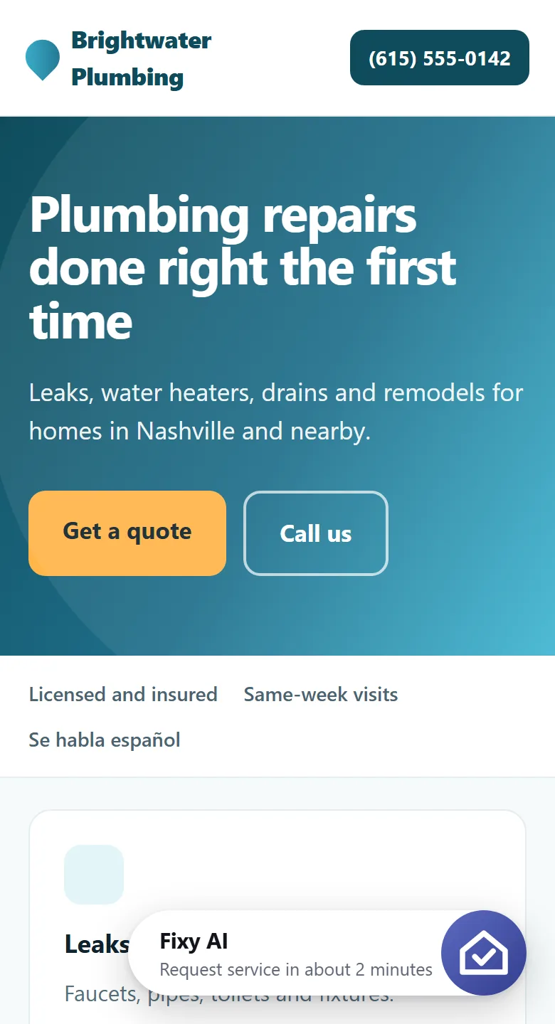 A contractor website on a phone with the Fixy AI button in the corner