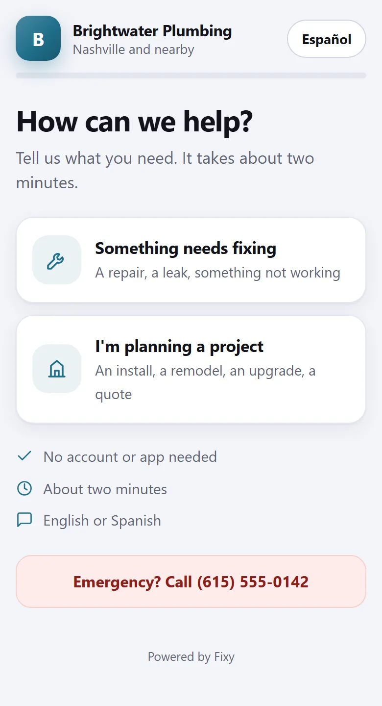 The Fixy request form on a phone